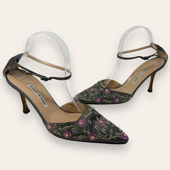 Manolo Blahnik Carolyne Vintage Gray Embroider Floral Slingback Kitten Heel 40.5 - Picture 1 of 13